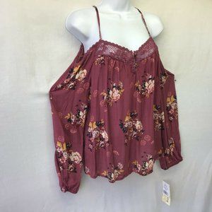Rewind Cropped Top Off the Shoulder Maroon Floral Print Trendy Tunic NWT Large